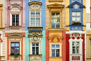 Collage of colorful windows in Prague, Czech Republic