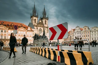 Prague, September 23, 2017: Concrete blocks designed to prevent terrorist attacks in Old Town Square