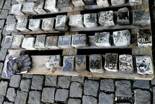 Paving blocks made from Jewish tombstones / via Jewish Community of Prague / Židovská obec v Praze