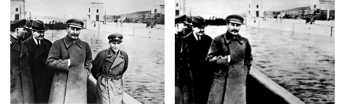 Kliment Voroshilov, Vyacheslav Molotov, Stalin and Nikolai Yezhov at the shore of the Moskwa-Wolga-Channel