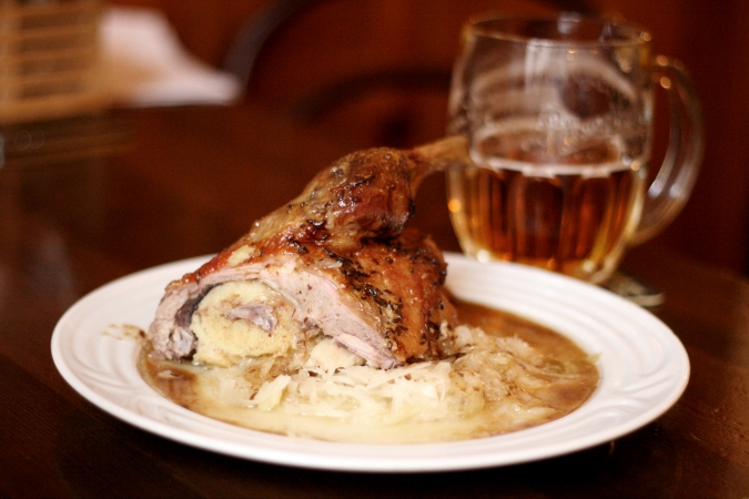 The renown roast duck with Pilsner lager at the U Bansethů restaurant