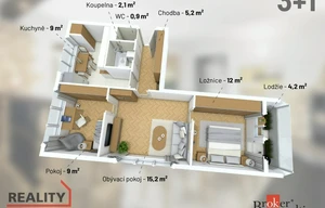 Apartment for rent, 3+1 - 2 bedrooms, 74m<sup>2</sup>