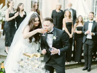 Champagne tower - black tie wedding organised by Eventista, Prague wedding planner