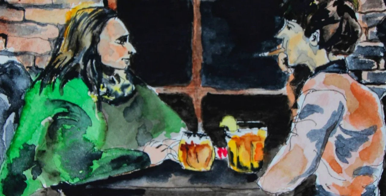 Friday Night: Two Friends in a Prague Pub, watercolor by Maria Praha