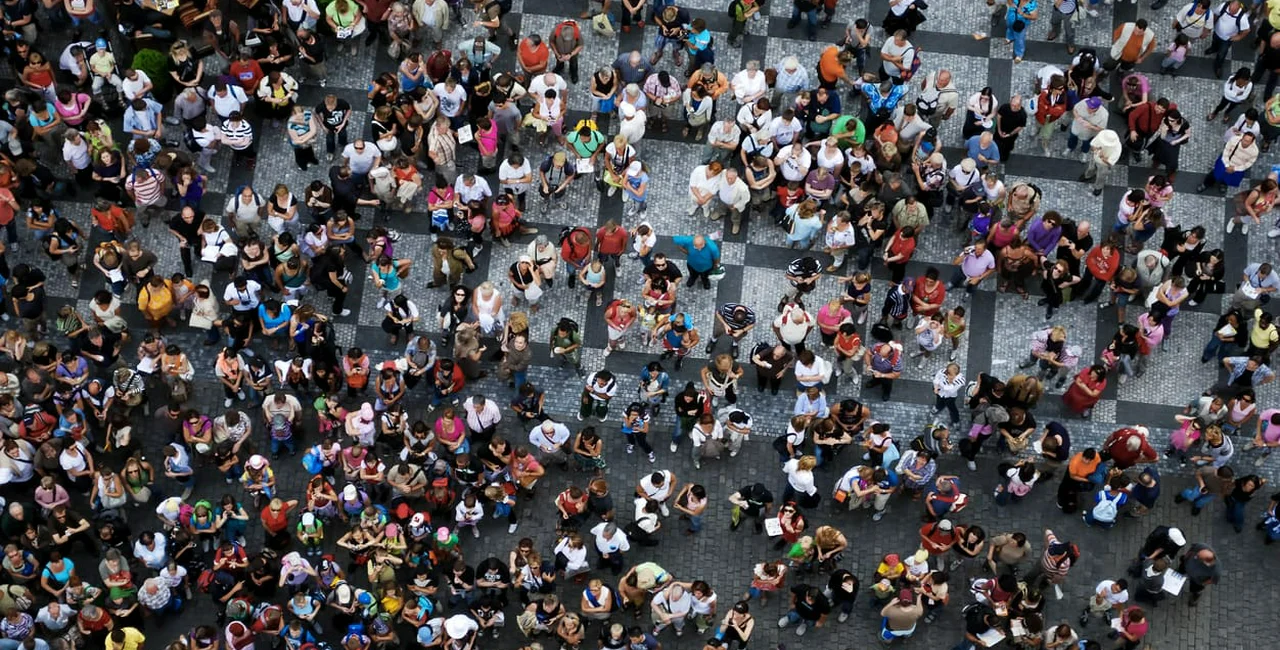 Aerial view of tourists in Prague's Old Town Square