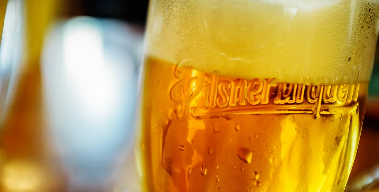 Glass of Pilsner Urquell beer in Pilsen, 2015