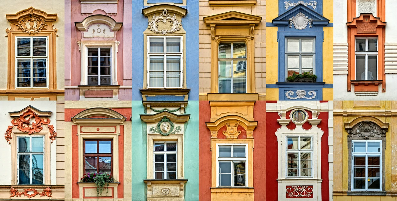 Collage of colorful windows in Prague, Czech Republic
