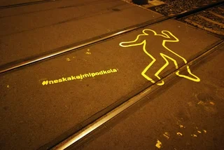 Prague safety campaign uses body outlines on tracks to warn of tram dangers