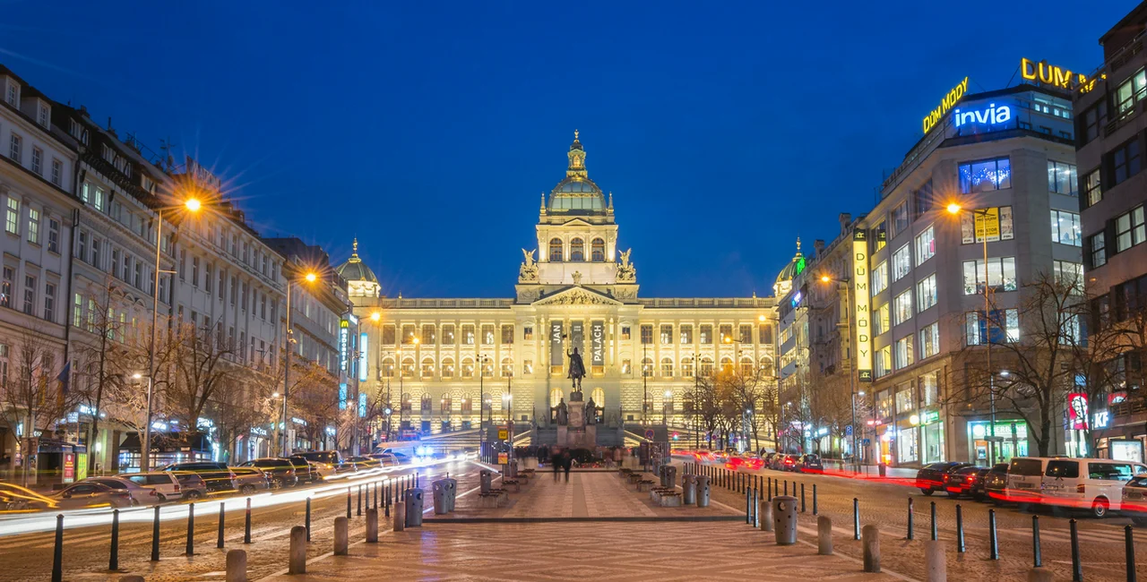 Prague's restored National Museum and Wenceslas Square at night