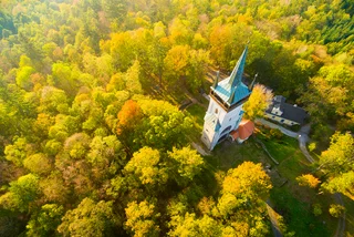 Bolfanek viewtower and St. Wolfgang cemetery chapel near Chudenice in Šumava