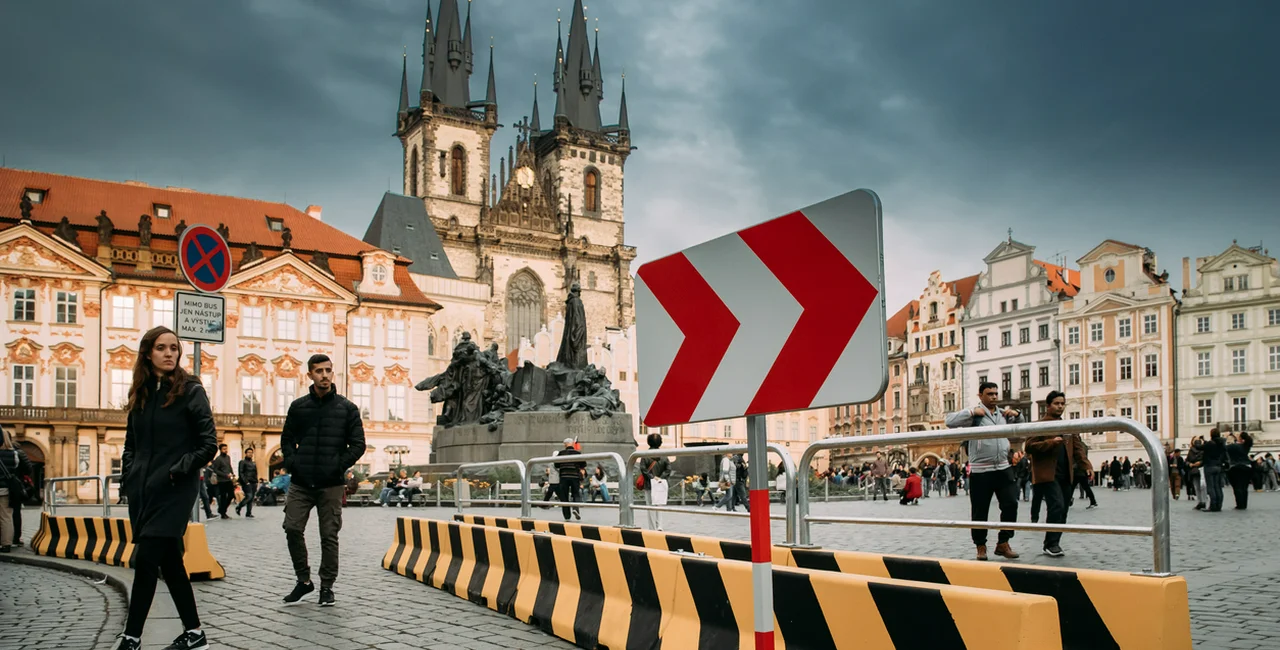 Prague, September 23, 2017: Concrete blocks designed to prevent terrorist attacks in Old Town Square