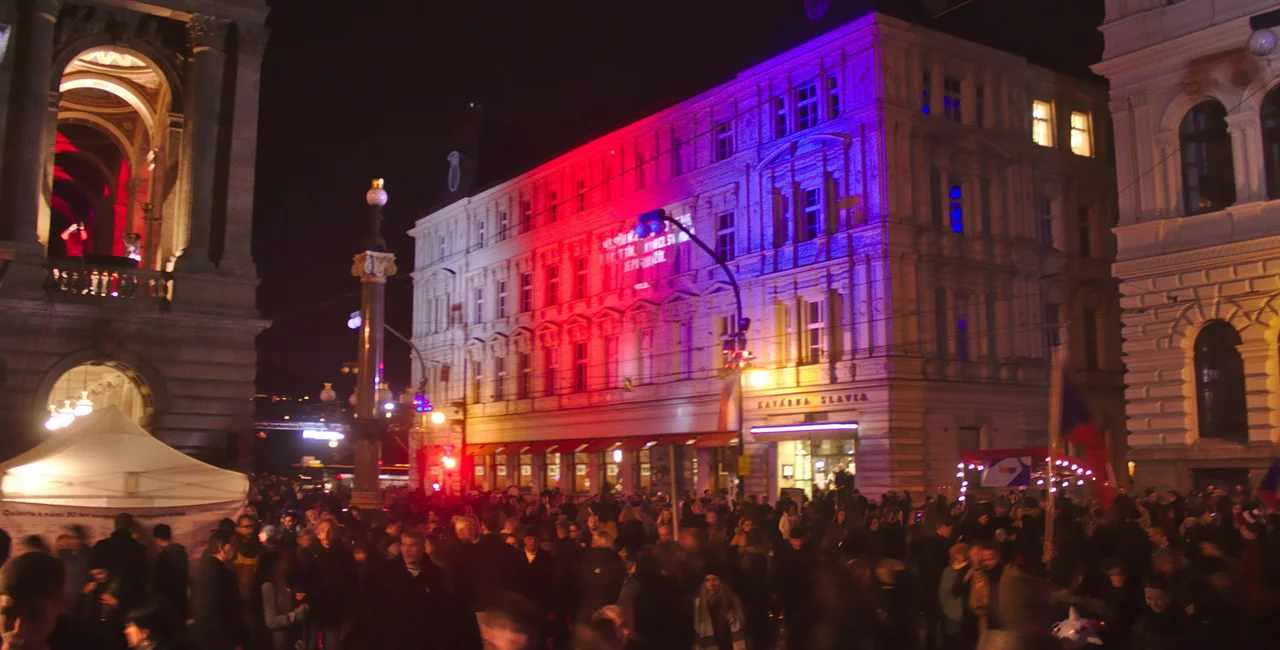 November 17 celebrations at Prague's Národní třída via Aktron / Wikimedia Commons