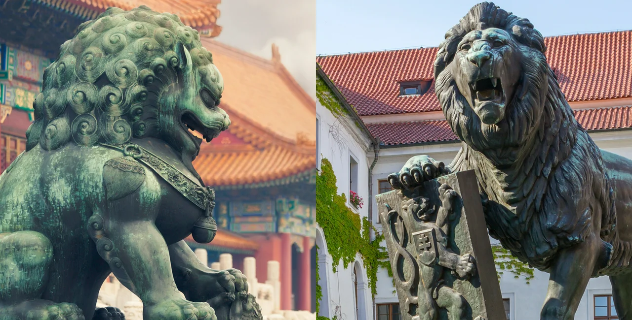 Lion sculptures at Beijing's Forbidden City and Prague's Strahov Monastery (Illustrative image)