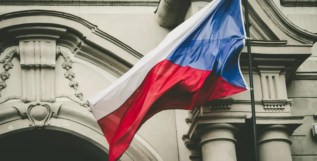 A Czech flag hangs in Prague