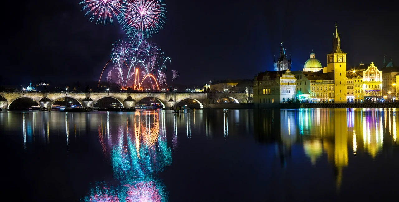 Fireworks over Prague's Charles Bridge