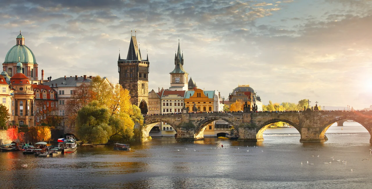 Panoramic view of the Vltava river and Charles Bridge in Prague, Czech Republic