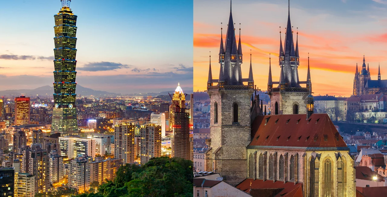 Skylines of Taipei, Taiwan and Prague, Czech Republic