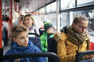 Czech students going to school by bus in Prague 