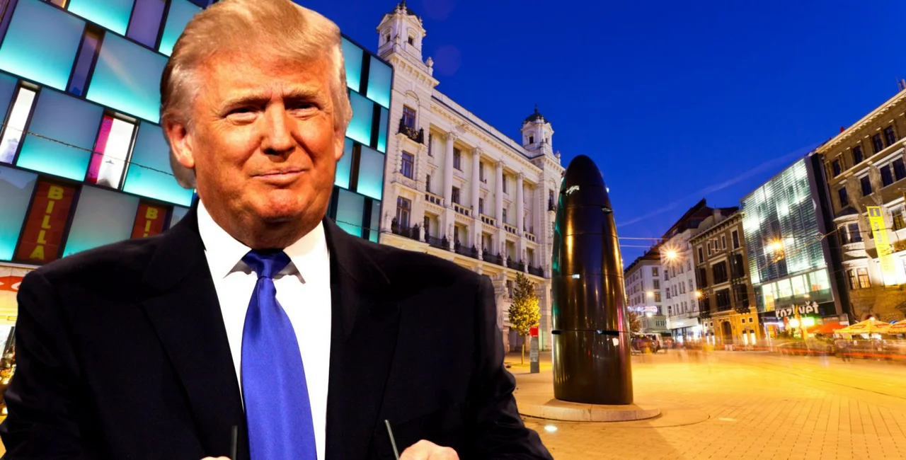Donald Trump in 2013 via Wikimedia / Gage Skidmore; Brno's main square via iStock.com / holgs