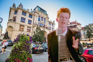 Cobblestone QR code in front of Prague City Hall now leads to a Rick Roll