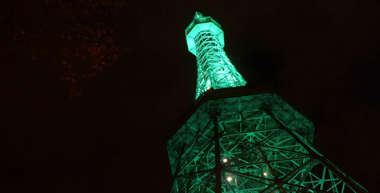Petřín Tower in green. via THMP