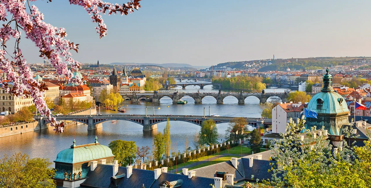 View of the Vltava river and Prague at sunset
