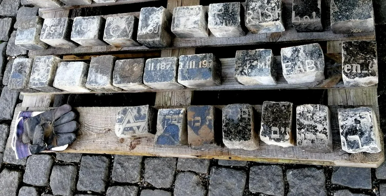 Paving blocks made from Jewish tombstones / via Jewish Community of Prague / Židovská obec v Praze