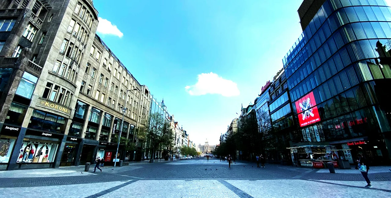 Prague's Wenceslas Square, nearly empty amid the coronavirus lockdown. Photo via Lucas Nemec