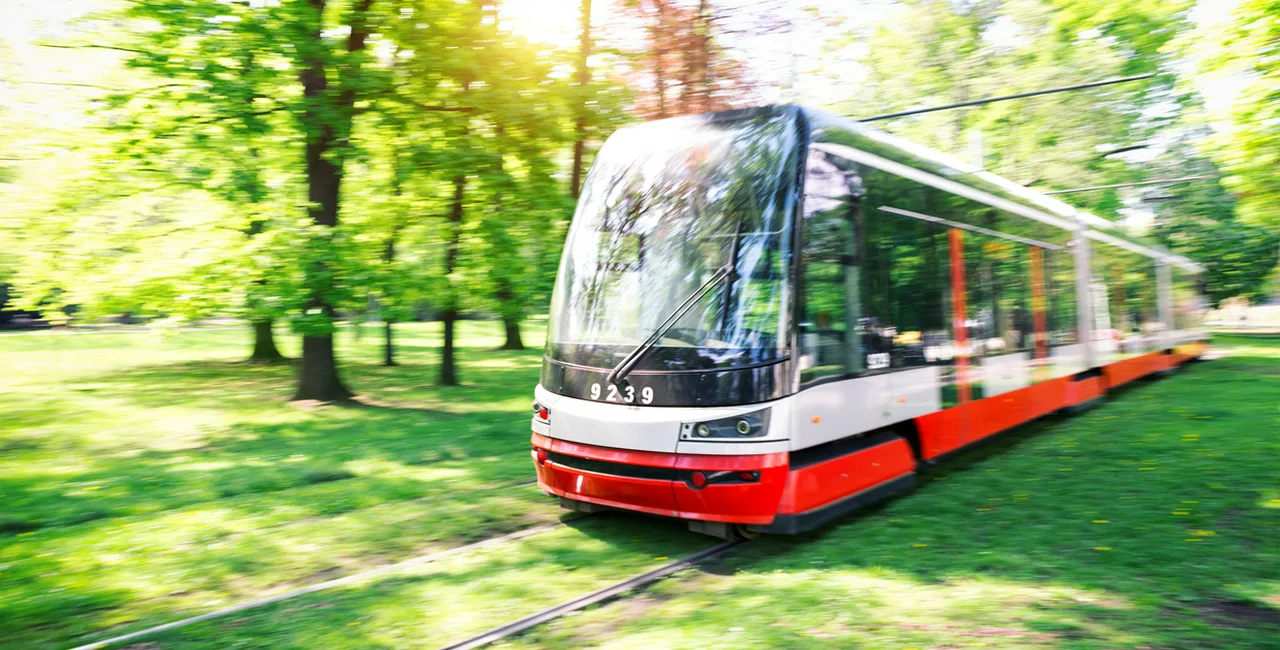 A tram rides through a park in Prague (illustrative photo)