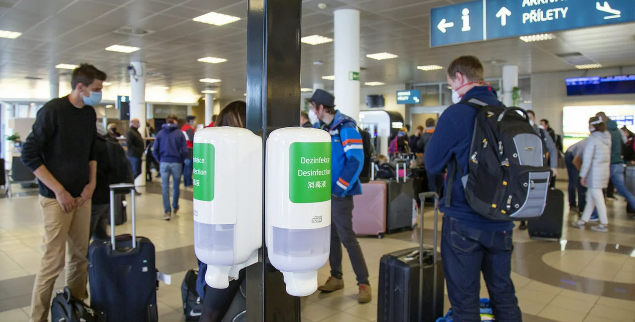 Disinfectant dispensers at Prague Airport in March 2020 via iStock / MadKruben