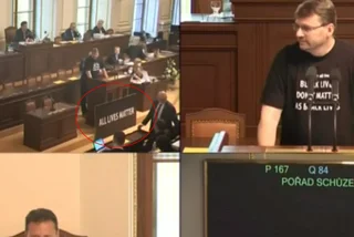 All Lives Matter poster placed in Czech Chamber of Deputies by MP wearing "black lives don't matter" t-shirt