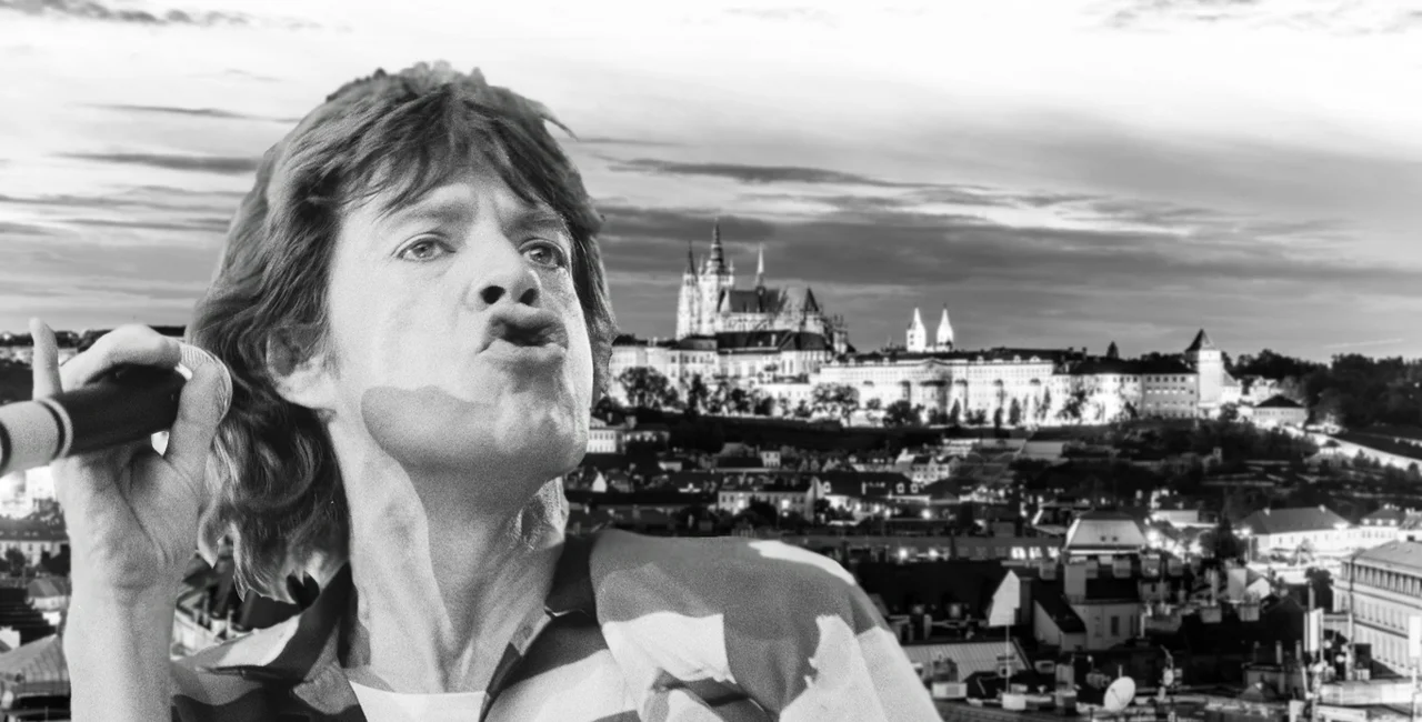 Mick Jagger in 1982 via Wikimedia / Marcel Antonisse (ANEFO); Prague in black and white via iStock / PytyCzech