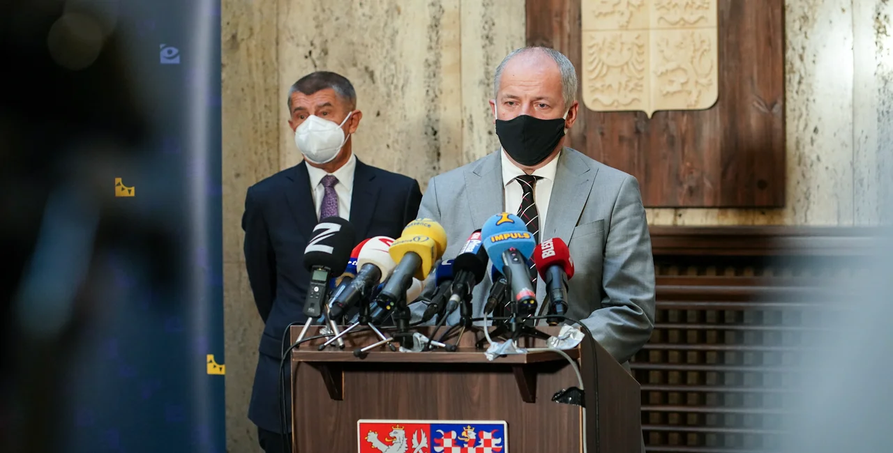 Czech Health Minister Roman Prymula speaks in front of Prime Minister Andrej Babiš at his inaugural press conference on September 22, via vlada.cz