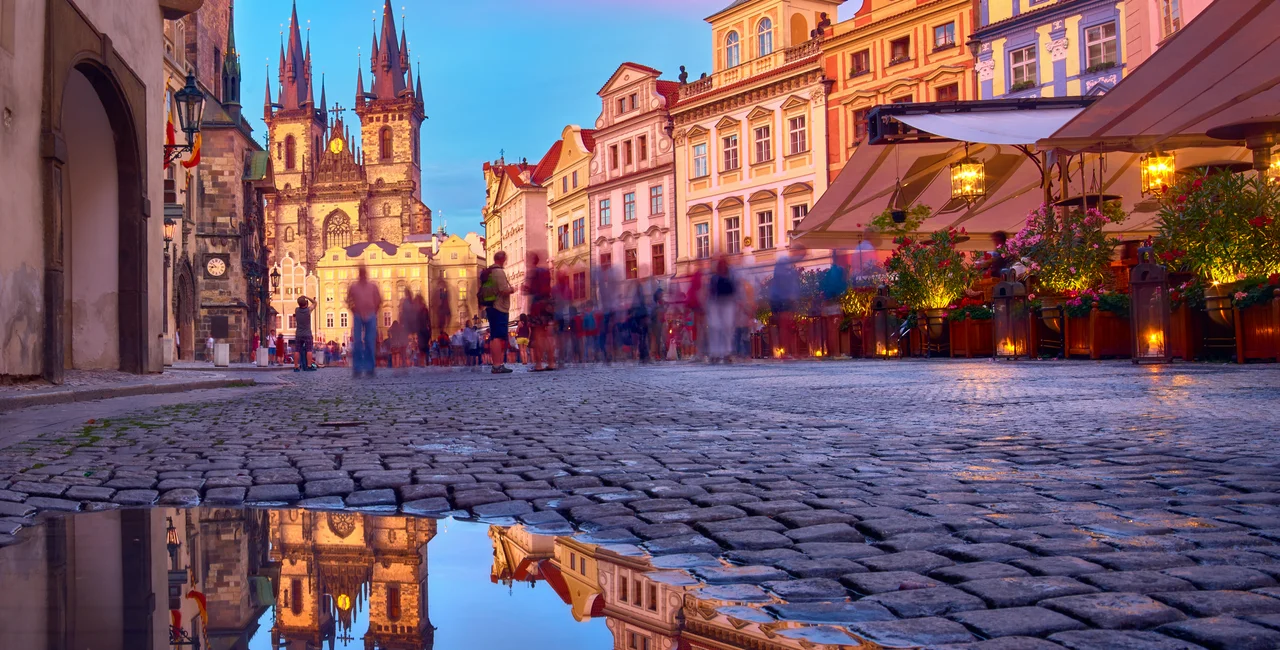 St Mary Tyn Church in Prague with reflection in a pool of water