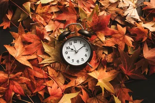 A clock nestled into fall leaves. Photo: iStock/stevanovicigor