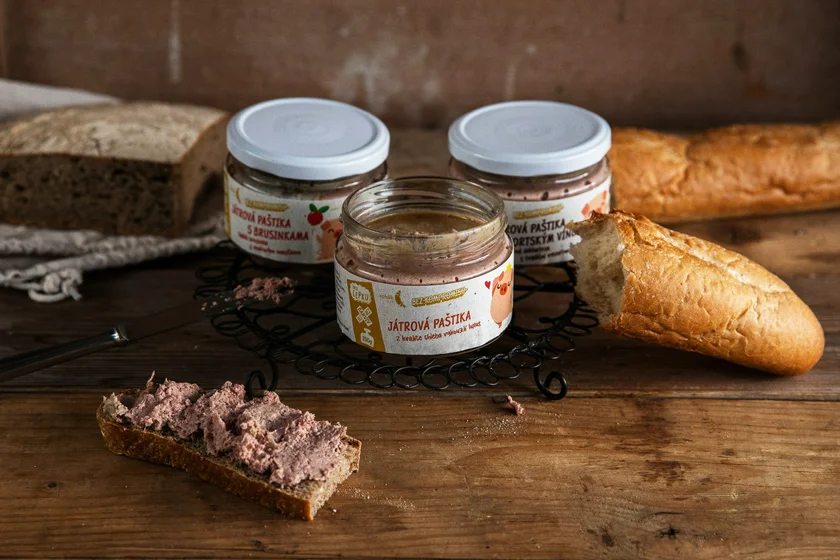 Locally made pate and fresh bread from Rohlík