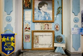 The Maradona shrine in Naples, Italy, has a lock of the Argentinian's hair enshrined in a glass casket with the words 'Miraculous Hair' written on it. (photo: iStock / piola666)