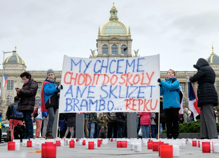 Many showed up on Wenceslas Square to protest anti-covid lockdown measures, like these two students with a sign wanting to return to school. (photo: James Fassinger)