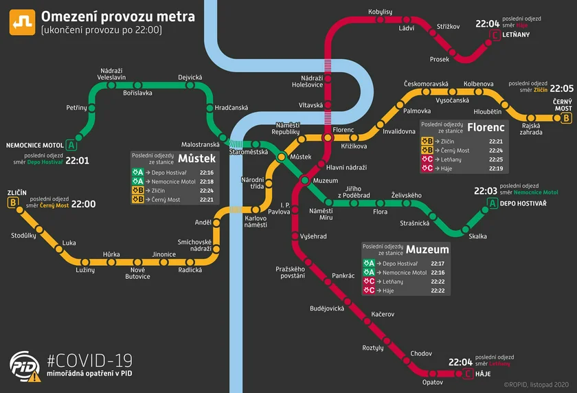 Map showing the departure times of the last metro trains / via DPP