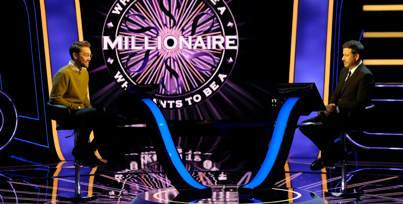 J.D. Barton and Jimmy Kimmel on the set of Who Wants to be a Millionaire? via ABC/John Fleenor