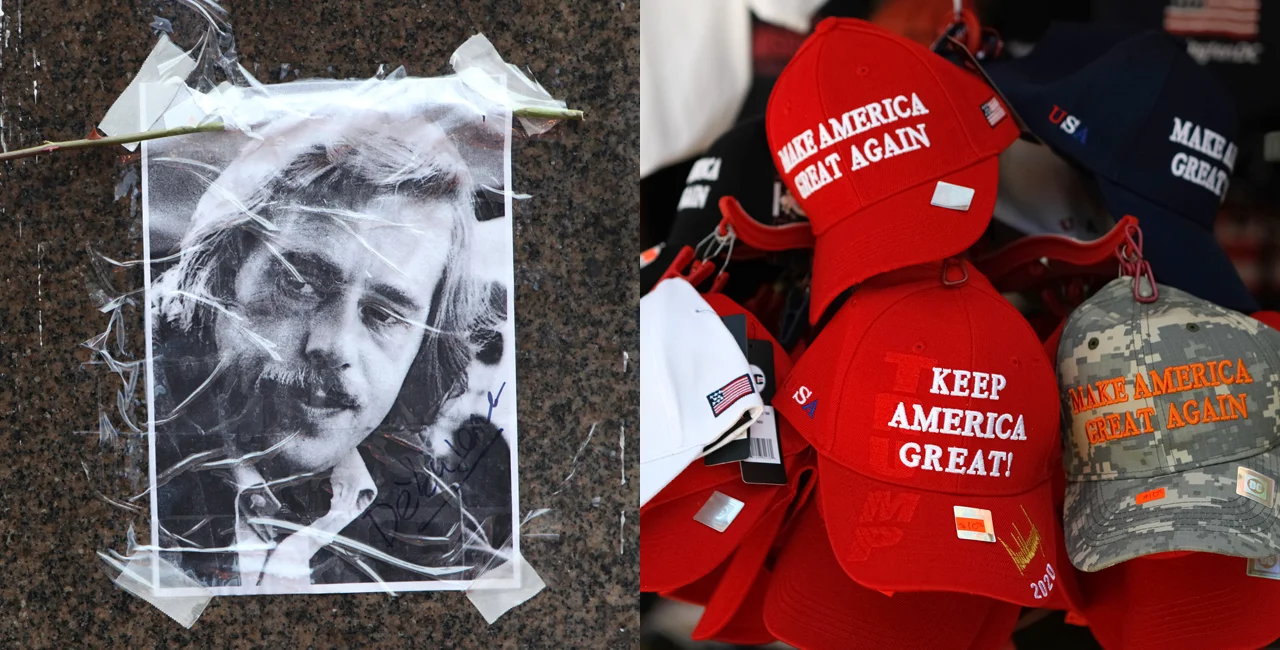 Photo of Havel at Prague's Wenceslas Square via iStock / wrangel; MAGA caps via iStock / P_Wei