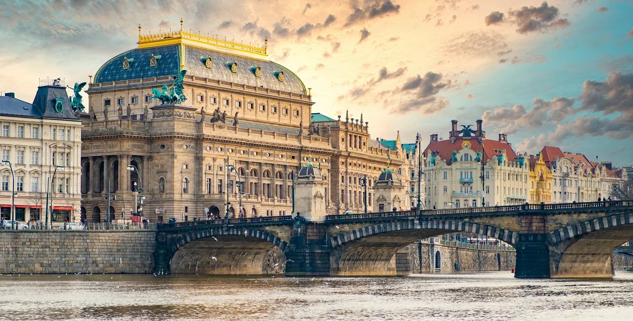 The National Theater on the banks of the Vltava River. Czech Republic