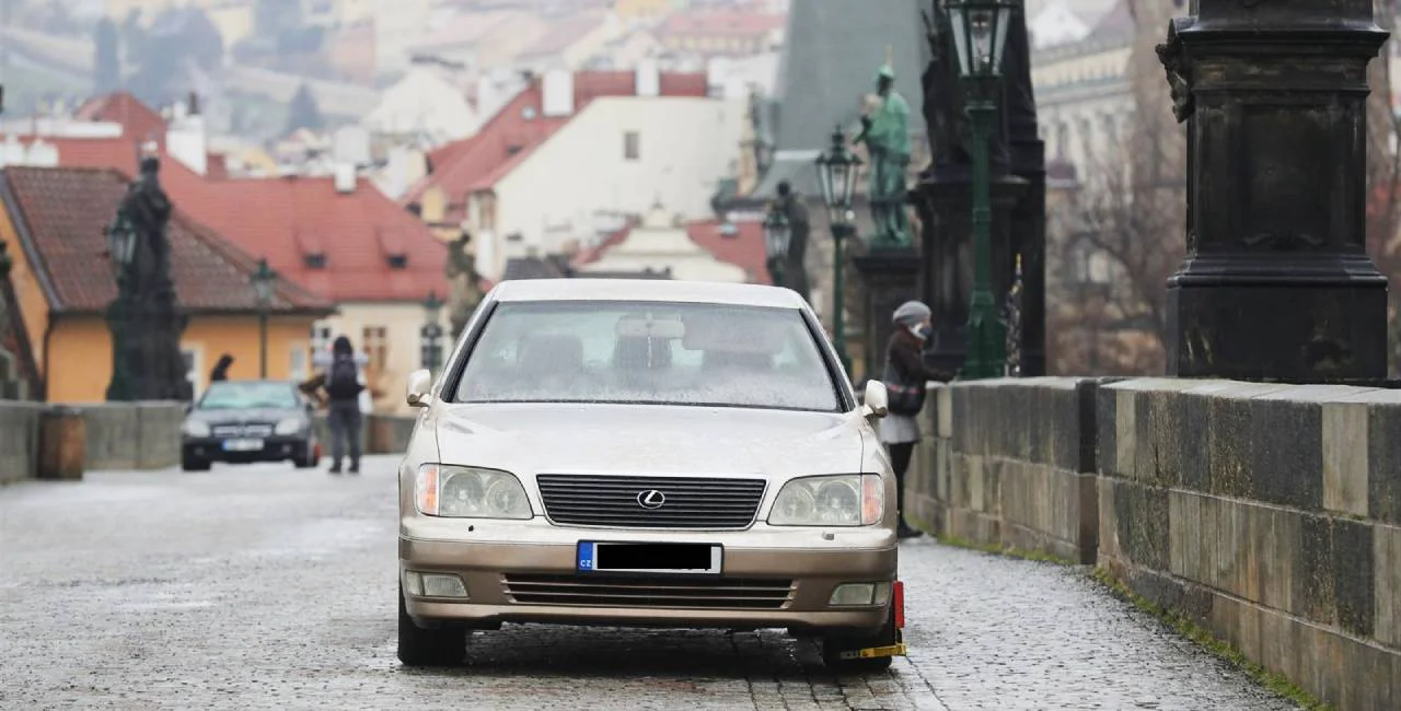 Cars park on Prague's Charles Bridge in protest of Czech lockdown measures