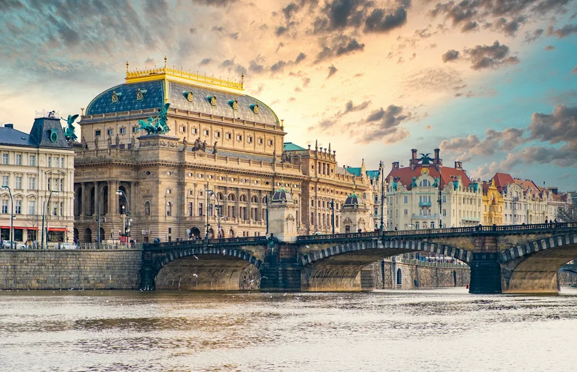 The National Theater on the banks of the Vltava River. Czech Republic