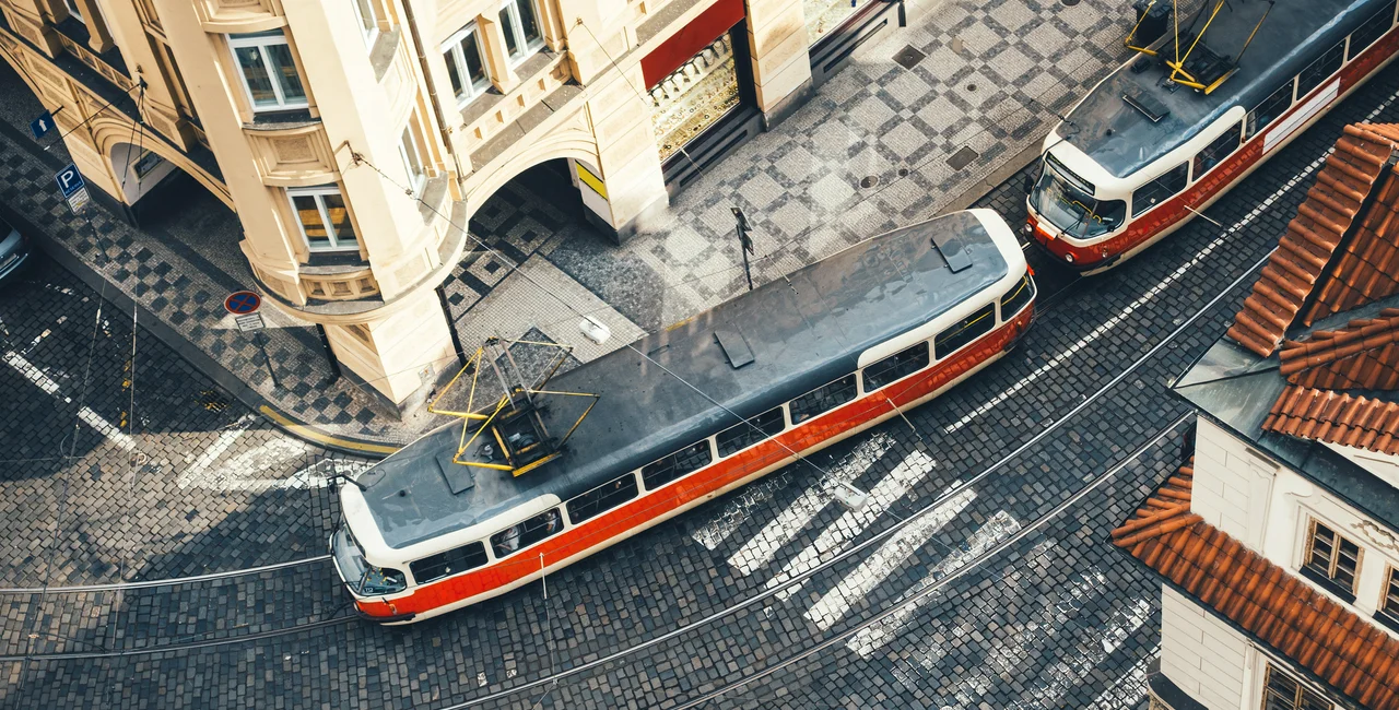 Prague tram seen from above via iStock / borchee