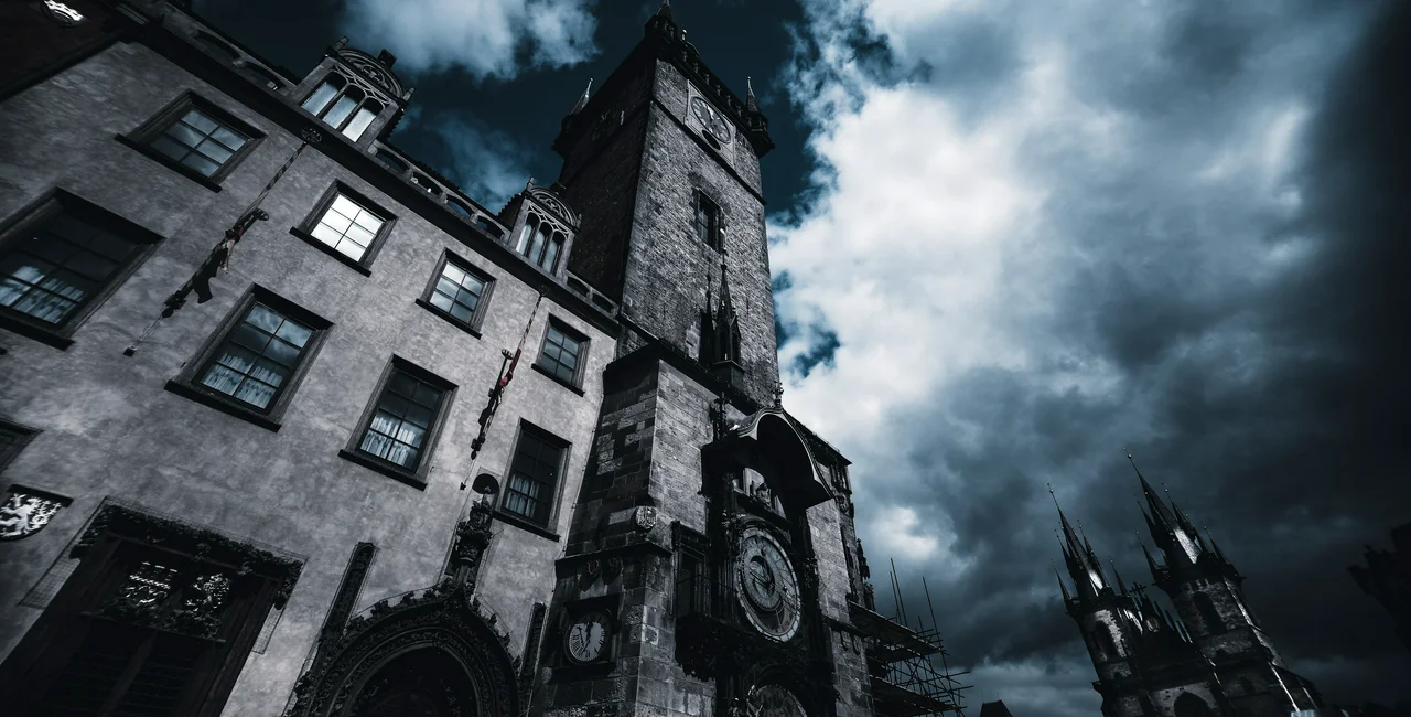 Astronomical Clock Tower Under Dark Sky In Prague, Czech Republic