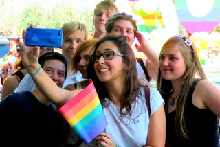 People take a group photo at the Prague Pride march in 2018. (Photo: Raymond Johnston)