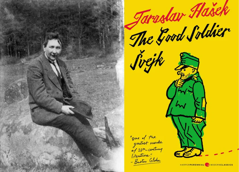 Jaroslav Hašek in 1921 and a contemporary cover for The Good Soldier Švejk. (Photo: Wikimedia commons)