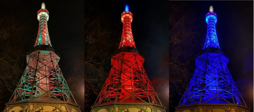 Petřín Lookout Tower in various colors. (Photos: Praha.EU)