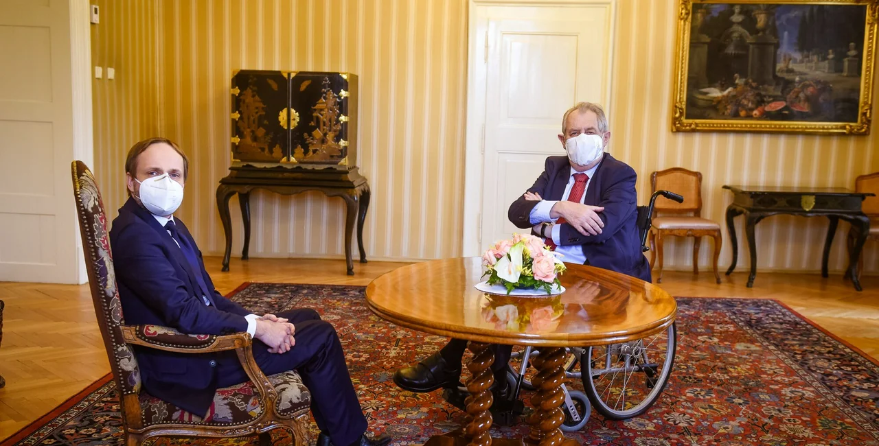 Miloš Zeman and incoming Minister of Foreign Affairs Jakub Kulhánek at Lány Castle on April 15, 2021 (Photo via Twitter @Jiří Ovčáček)